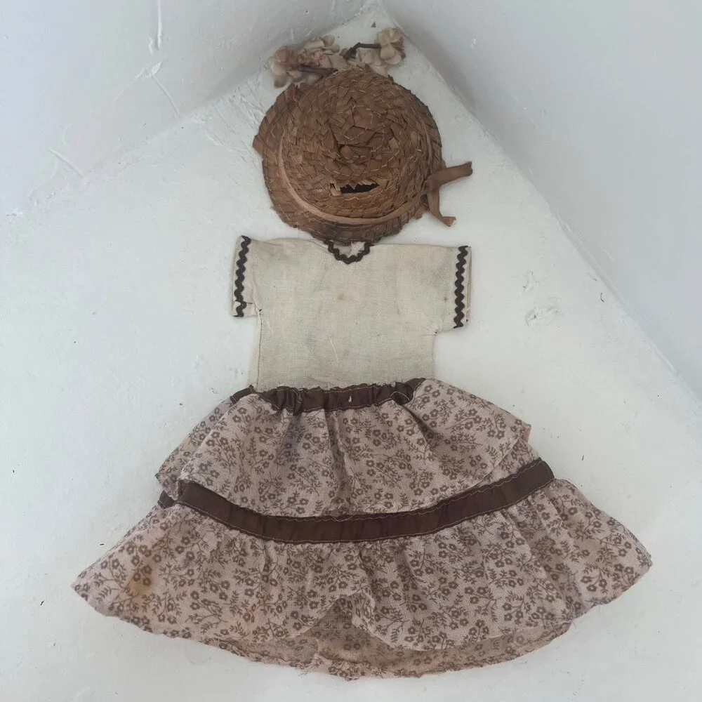 Vintage Doll Outfit Skirt & Jacket Vest & Farmer Hat w/ Flowers Beige & Brown - Picture 2 of 11